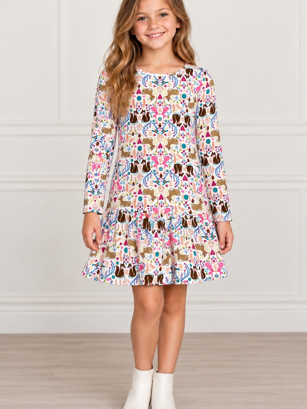 Lands’ End Girls L 14 Woodland Animal Floral Print Long Sleeve Dress
